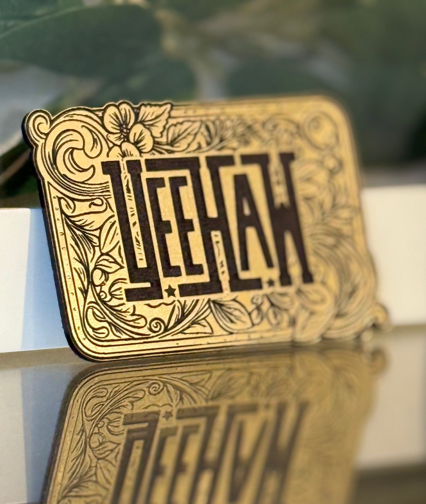 Gold Engraved YeeHaw Buckle Hat Patch